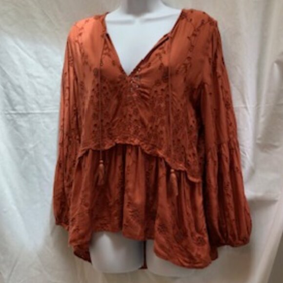 American Eagle Boho Eyelet Peplum Blouse Burnt Orange Medium Tassel Ties - Picture 2 of 9